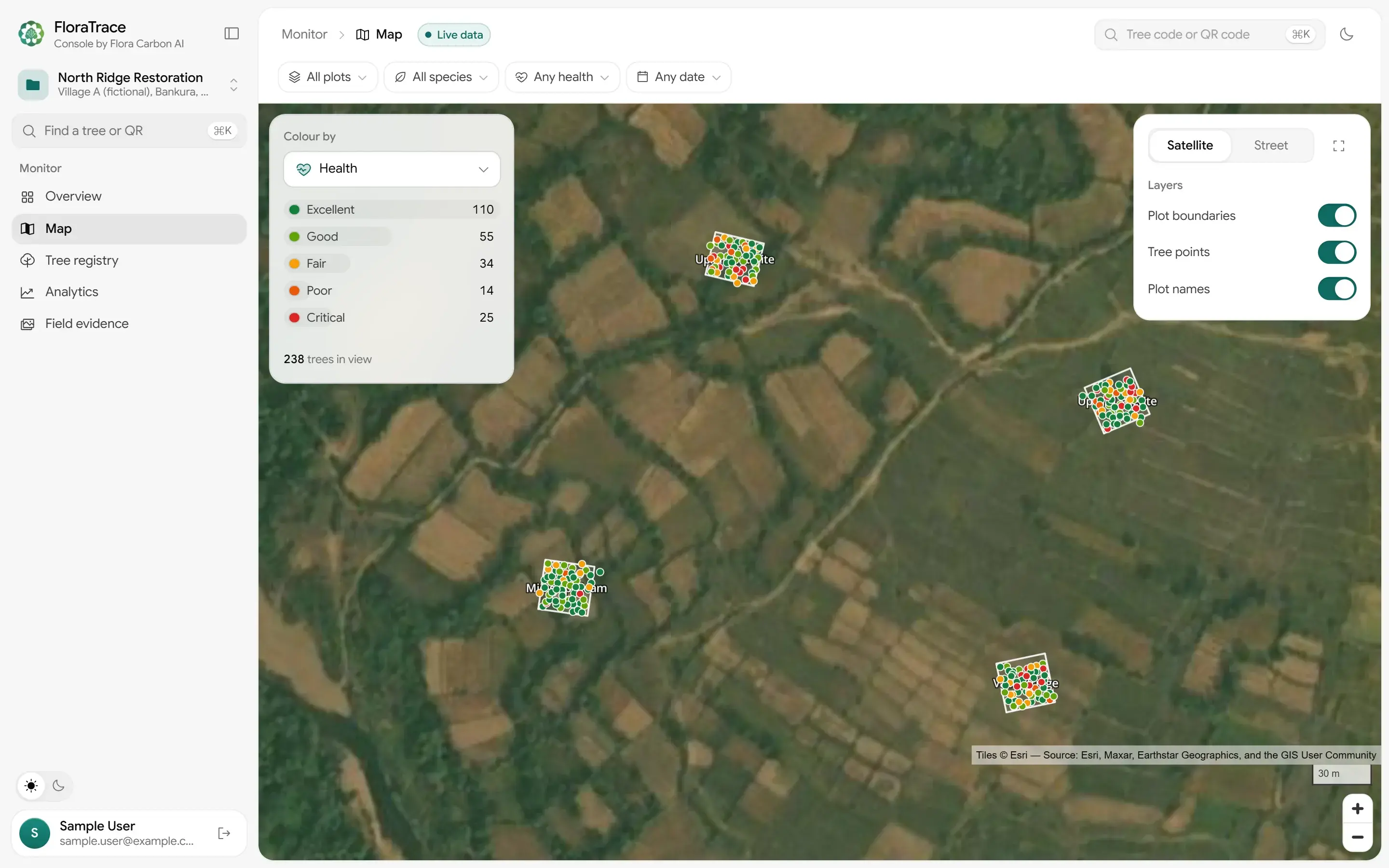 The FloraTrace console's map: four plots of one project on satellite imagery, each tree a dot coloured by its latest health reading.